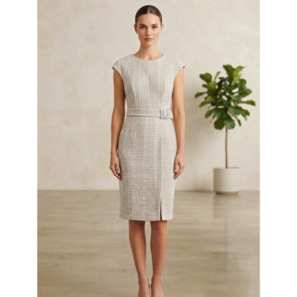 Calvin Klein Tweed Plaid Belted Sheath Dress Knee Length Cap Sleeve Zip 12 $134